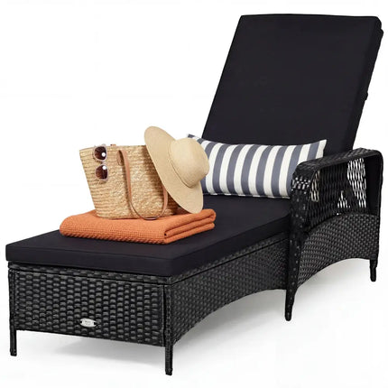 Patio Wicker Chaise Lounge Chair with Pillow and Adjustable Backrest with Cushion-Black - Black - Outdoor Chaise Lounges