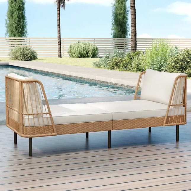 Patio Wicker Daybed Outdoor Boho Rattan Loveseat Sofa with Seat and Back Cushions-White - White - Outdoor Sectionals