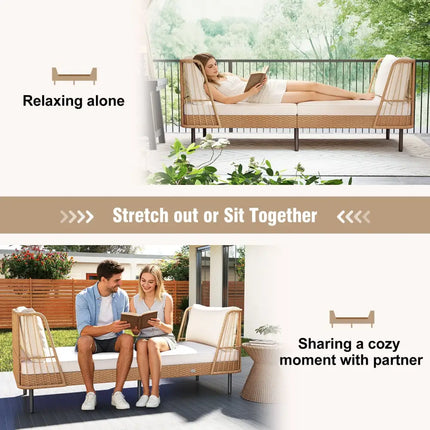 Patio Wicker Daybed Outdoor Boho Rattan Loveseat Sofa with Seat and Back Cushions-White - White - Outdoor Sectionals