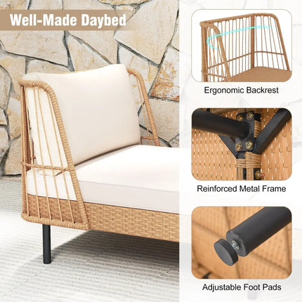 Patio Wicker Daybed Outdoor Boho Rattan Loveseat Sofa with Seat and Back Cushions-White - White - Outdoor Sectionals