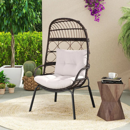 Patio Wicker Egg Chair Outdoor Rattan Lounge Basket with Seat and Back Cushions-Brown - Brown - Outdoor Chaise Lounges