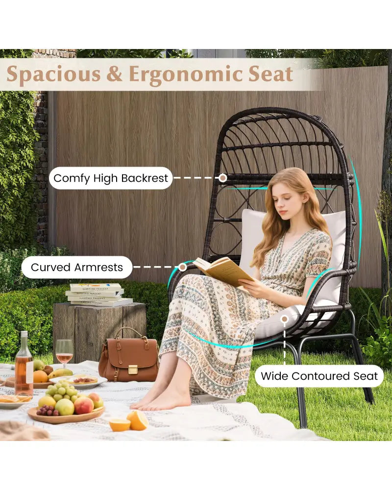 Patio Wicker Egg Chair Outdoor Rattan Lounge Basket with Seat and Back Cushions-Brown - Brown - Outdoor Chaise Lounges