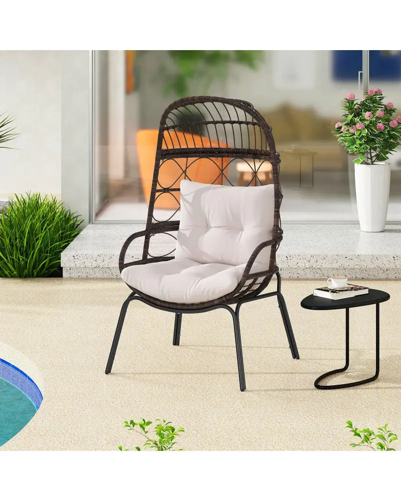 Patio Wicker Egg Chair Outdoor Rattan Lounge Basket with Seat and Back Cushions-Brown - Brown - Outdoor Chaise Lounges