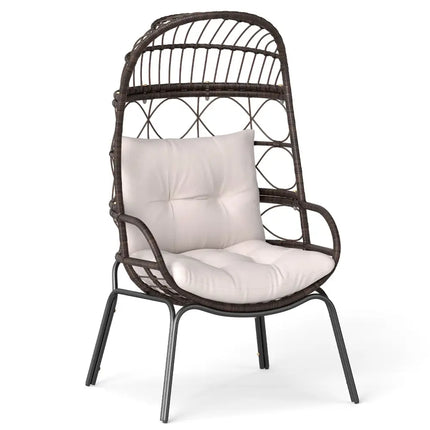 Patio Wicker Egg Chair Outdoor Rattan Lounge Basket with Seat and Back Cushions-Brown - Brown - Outdoor Chaise Lounges