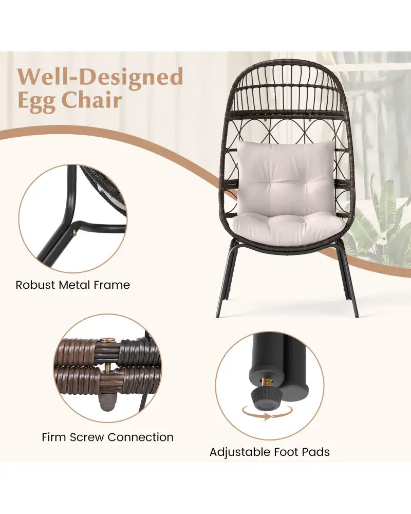 Patio Wicker Egg Chair Outdoor Rattan Lounge Basket with Seat and Back Cushions-Brown - Brown - Outdoor Chaise Lounges