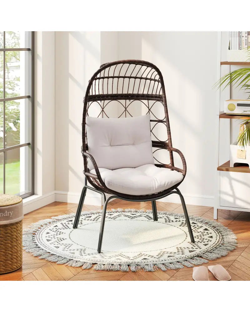 Patio Wicker Egg Chair Outdoor Rattan Lounge Basket with Seat and Back Cushions-Brown - Brown - Outdoor Chaise Lounges