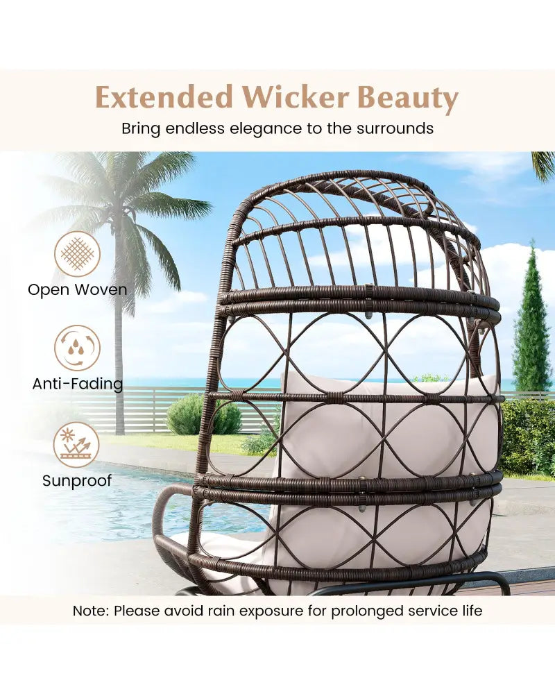 Patio Wicker Egg Chair Outdoor Rattan Lounge Basket with Seat and Back Cushions-Brown - Brown - Outdoor Chaise Lounges