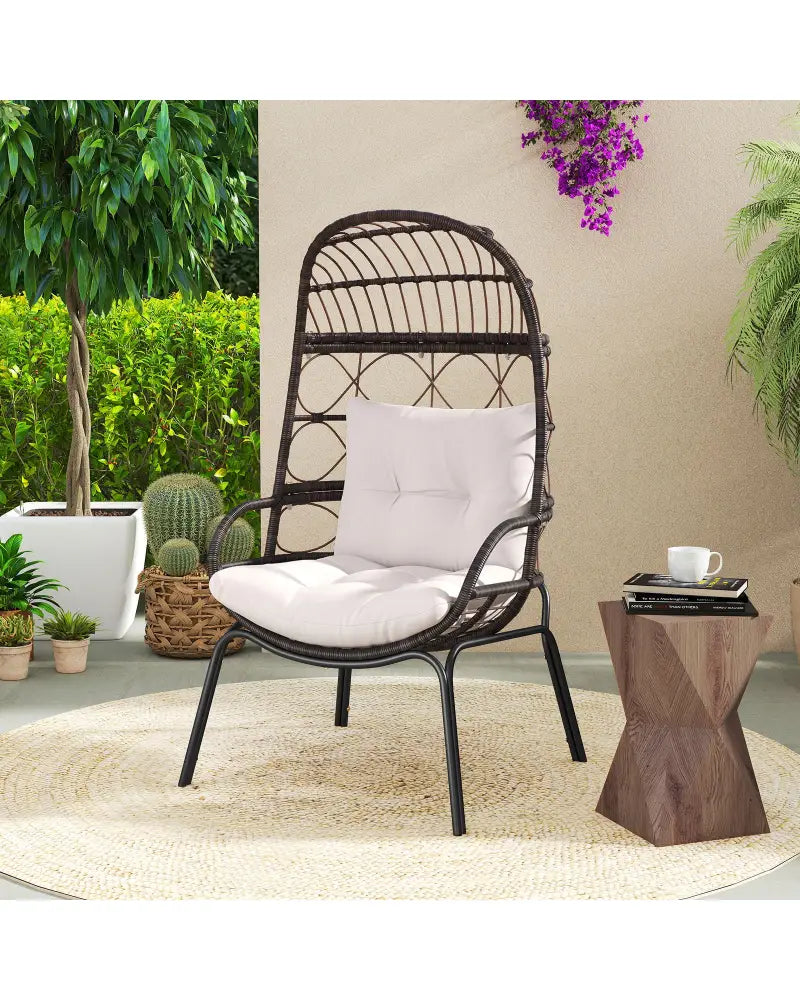 Patio Wicker Egg Chair Outdoor Rattan Lounge Basket with Seat and Back Cushions-Brown - Brown - Outdoor Chaise Lounges