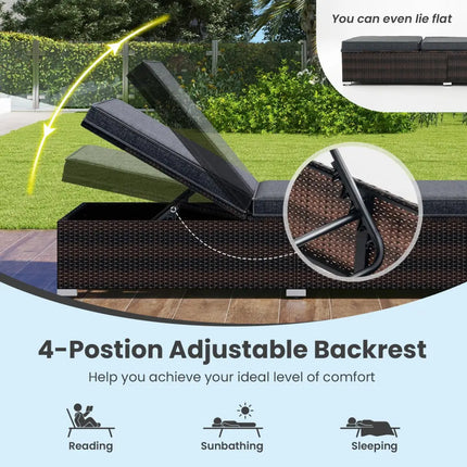 Patio Wicker Lounge Chair with 4-level Backrest and Long Seat Cushion-Brown - Brown - Outdoor Chaise Lounges