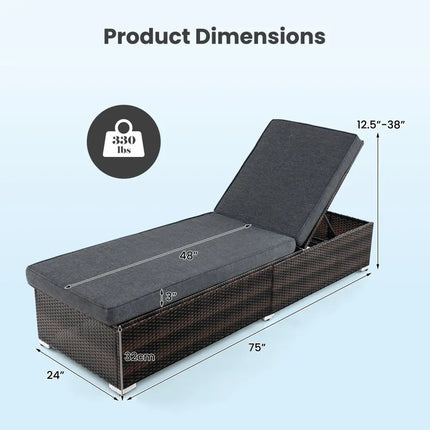 Patio Wicker Lounge Chair with 4-level Backrest and Long Seat Cushion-Brown - Brown - Outdoor Chaise Lounges