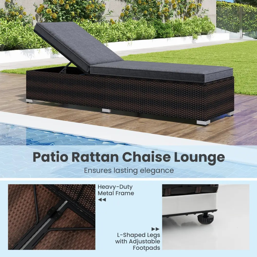 Patio Wicker Lounge Chair with 4-level Backrest and Long Seat Cushion-Brown - Brown - Outdoor Chaise Lounges