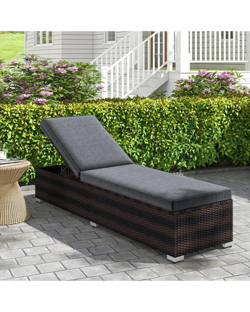 Patio Wicker Lounge Chair with 4-level Backrest and Long Seat Cushion-Brown - Brown - Outdoor Chaise Lounges