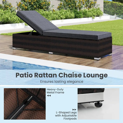 Patio Wicker Lounge Chair with 4-level Backrest and Long Seat Cushion-Brown - Brown - Outdoor Chaise Lounges