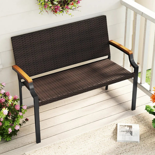 Patio Wicker Loveseat Chair with Acacia Wood Armrests and Metal Frame - Brown - Patio Rocking Chairs & Gliders