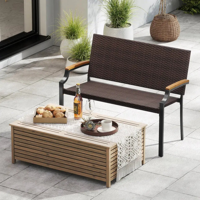 Patio Wicker Loveseat Chair with Acacia Wood Armrests and Metal Frame - Brown - Patio Rocking Chairs & Gliders