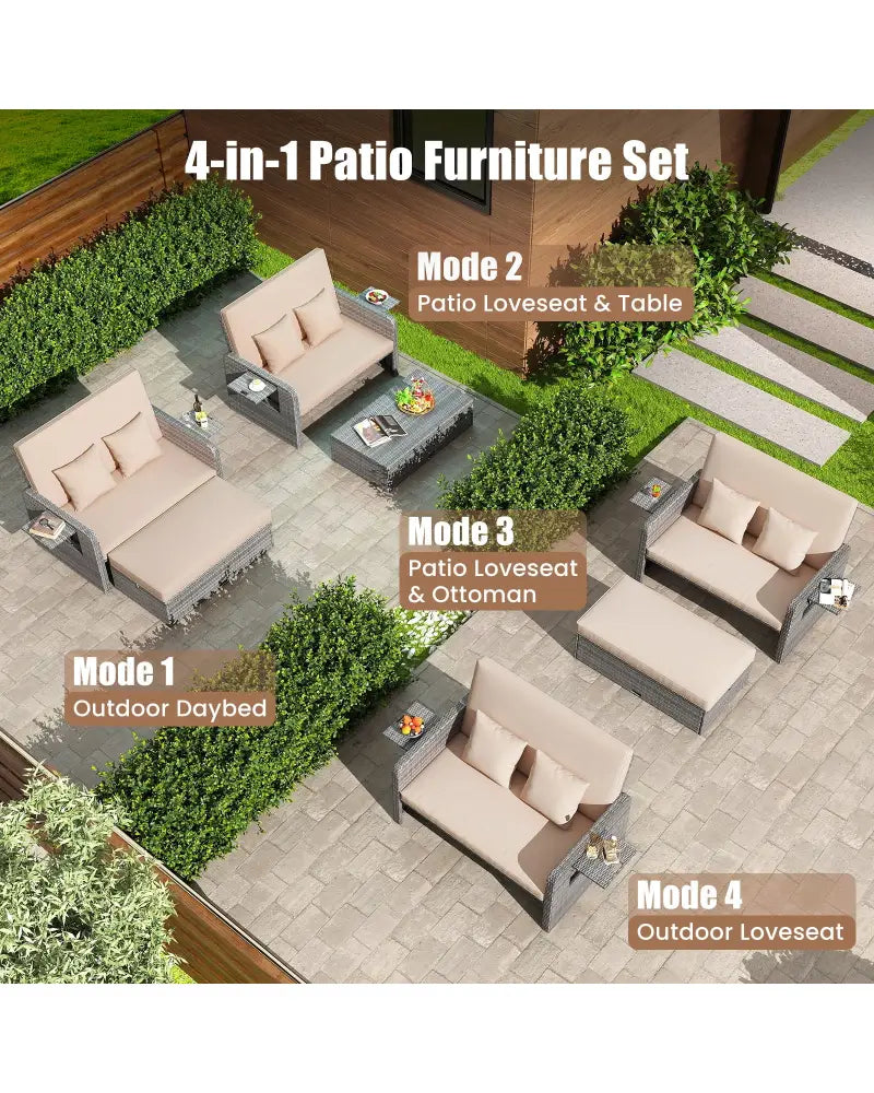 Patio Wicker Loveseat Sofa with Multipurpose Ottoman and Retractable Side Tray-Beige - Beige - Patio Furniture Sets