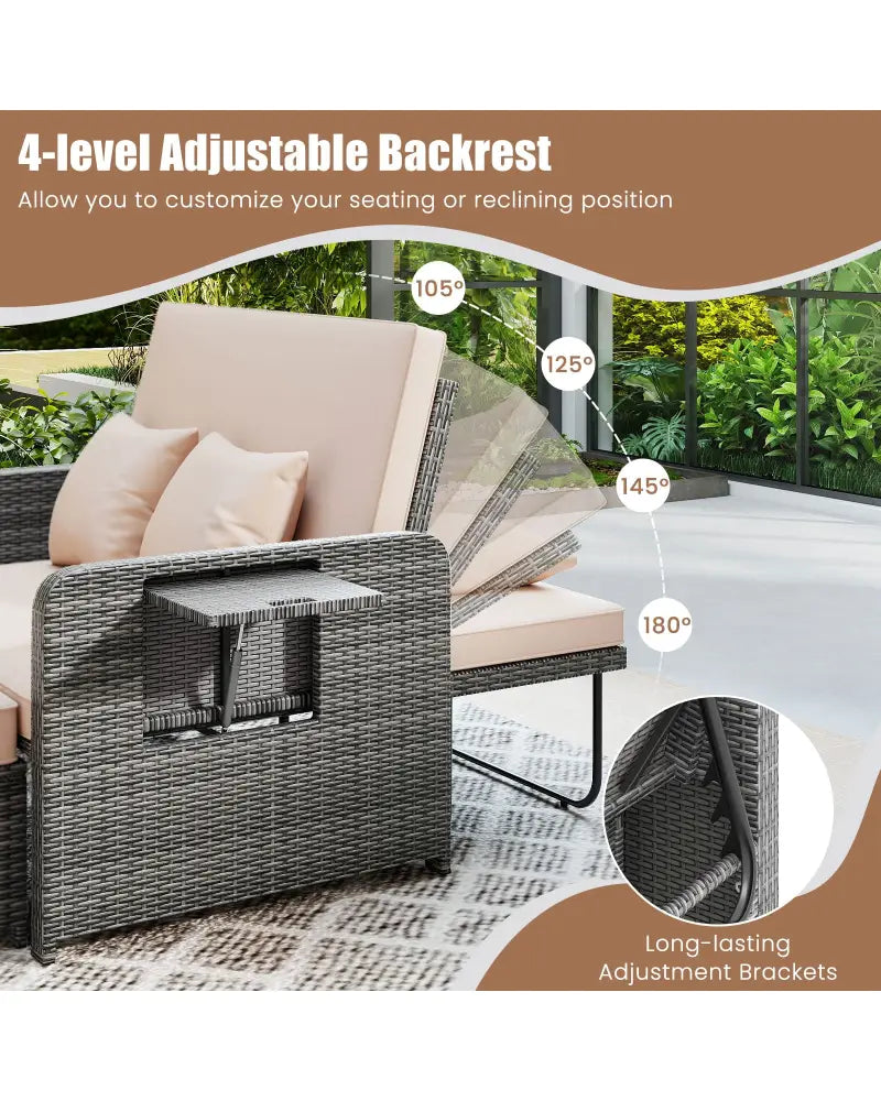 Patio Wicker Loveseat Sofa with Multipurpose Ottoman and Retractable Side Tray-Beige - Beige - Patio Furniture Sets