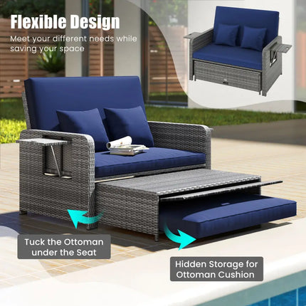 Patio Wicker Loveseat Sofa with Multipurpose Ottoman and Retractable Side Tray-Navy - Navy - Patio Furniture Sets