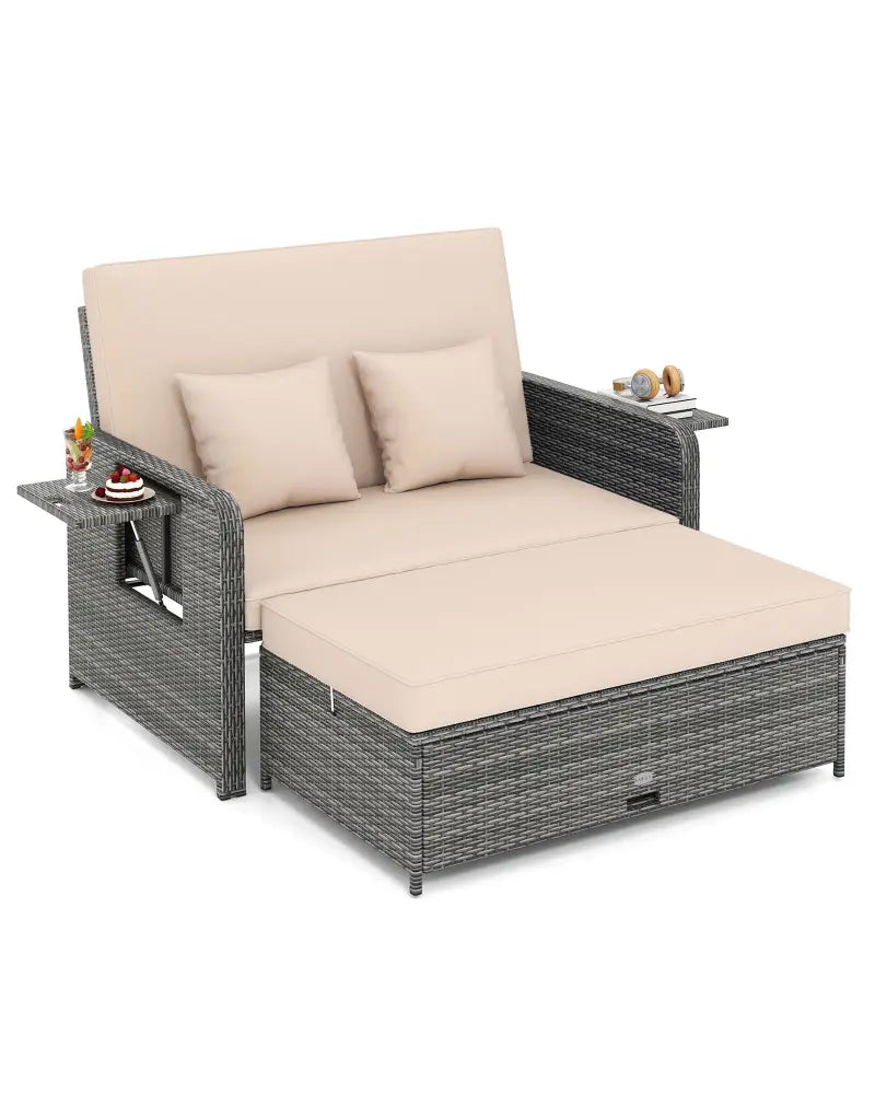 Patio Wicker Loveseat Sofa with Multipurpose Ottoman and Retractable Side Tray-Beige - Beige - Patio Furniture Sets