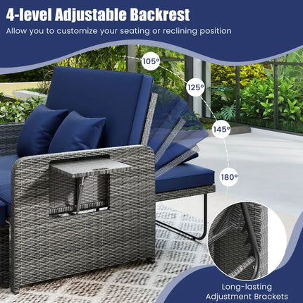 Patio Wicker Loveseat Sofa with Multipurpose Ottoman and Retractable Side Tray-Navy - Navy - Patio Furniture Sets