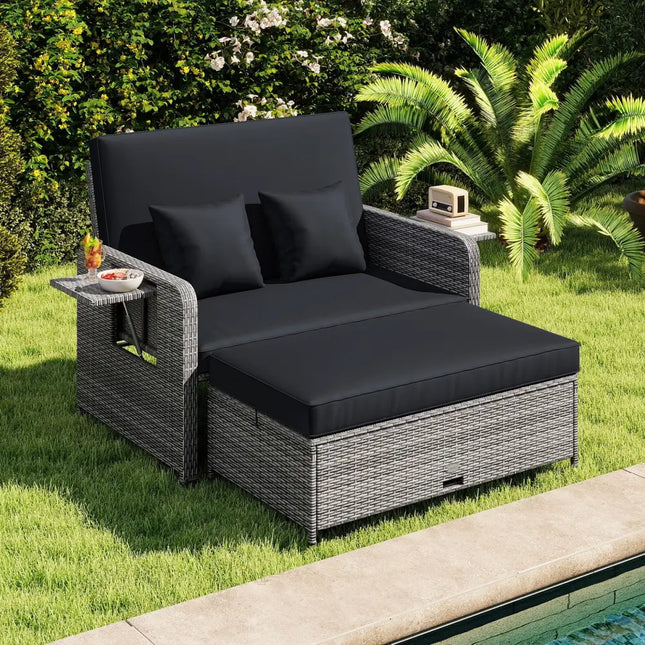Patio Wicker Loveseat Sofa with Multipurpose Ottoman and Retractable Side Tray-Black - Black - Patio Furniture Sets