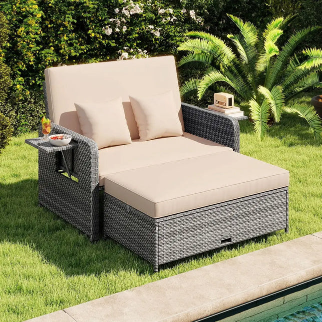 Patio Wicker Loveseat Sofa with Multipurpose Ottoman and Retractable Side Tray-Beige - Beige - Patio Furniture Sets