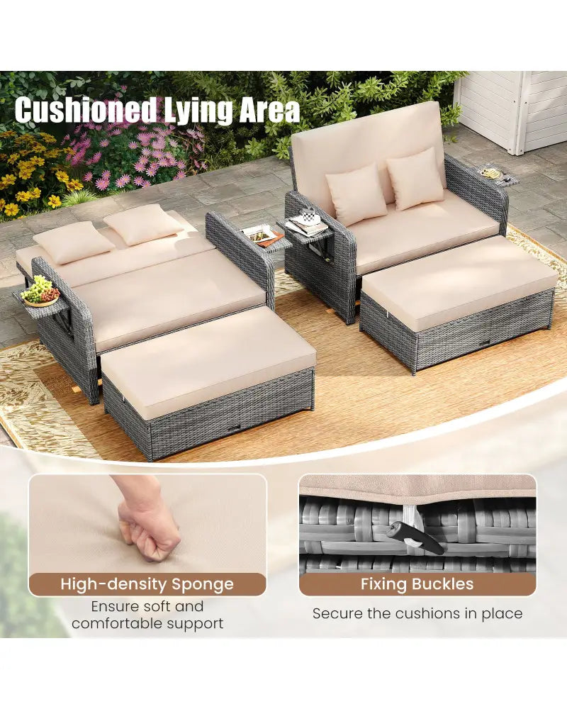 Patio Wicker Loveseat Sofa with Multipurpose Ottoman and Retractable Side Tray-Beige - Beige - Patio Furniture Sets
