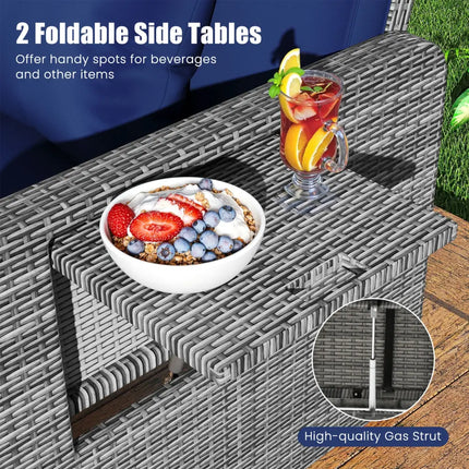 Patio Wicker Loveseat Sofa with Multipurpose Ottoman and Retractable Side Tray-Navy - Navy - Patio Furniture Sets