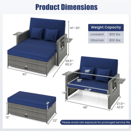 Patio Wicker Loveseat Sofa with Multipurpose Ottoman and Retractable Side Tray-Navy - Navy - Patio Furniture Sets