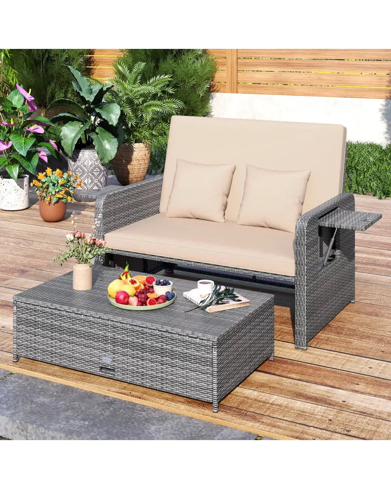 Patio Wicker Loveseat Sofa with Multipurpose Ottoman and Retractable Side Tray-Beige - Beige - Patio Furniture Sets