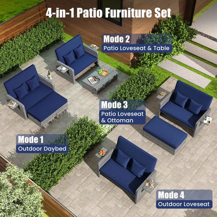 Patio Wicker Loveseat Sofa with Multipurpose Ottoman and Retractable Side Tray-Navy - Navy - Patio Furniture Sets