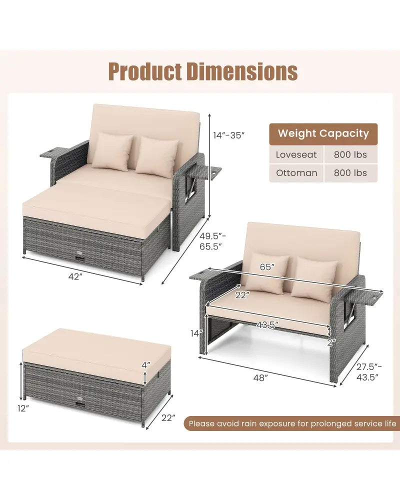 Patio Wicker Loveseat Sofa with Multipurpose Ottoman and Retractable Side Tray-Beige - Beige - Patio Furniture Sets