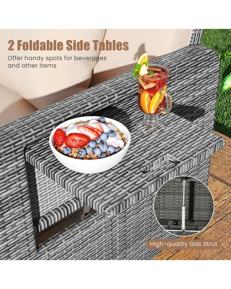 Patio Wicker Loveseat Sofa with Multipurpose Ottoman and Retractable Side Tray-Beige - Beige - Patio Furniture Sets