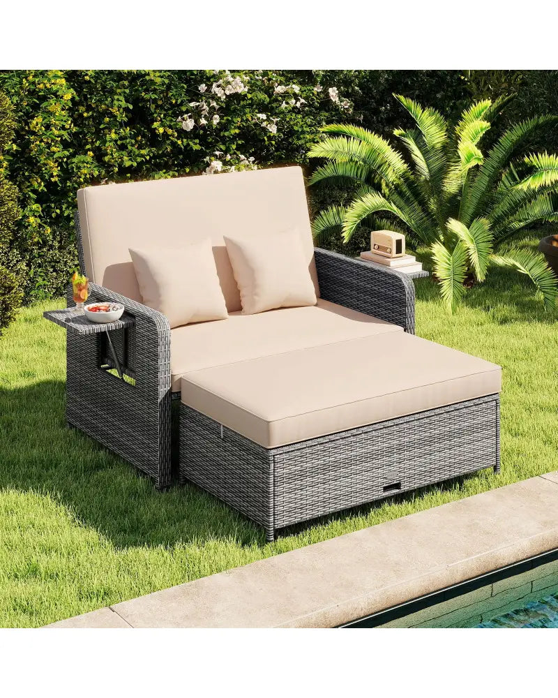 Patio Wicker Loveseat Sofa with Multipurpose Ottoman and Retractable Side Tray-Beige - Beige - Patio Furniture Sets