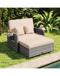 Patio Wicker Loveseat Sofa with Multipurpose Ottoman and Retractable Side Tray-Beige - Beige - Patio Furniture Sets