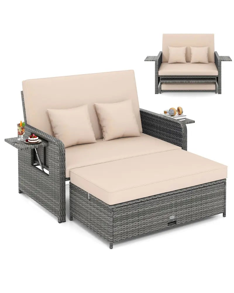 Patio Wicker Loveseat Sofa with Multipurpose Ottoman and Retractable Side Tray-Beige - Beige - Patio Furniture Sets
