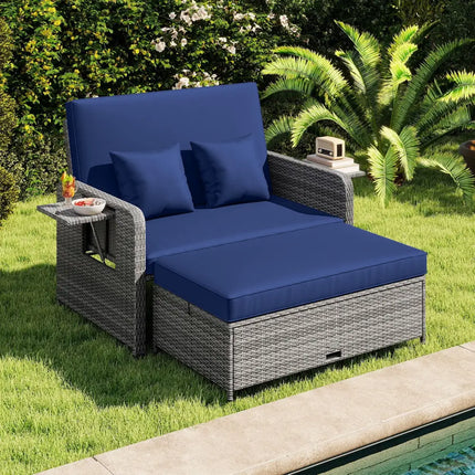 Patio Wicker Loveseat Sofa with Multipurpose Ottoman and Retractable Side Tray-Navy - Navy - Patio Furniture Sets