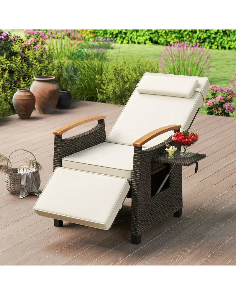 Patio Wicker Recliner Chair with Adjustable Backrest and Footrest-White - White - Outdoor Chaise Lounges