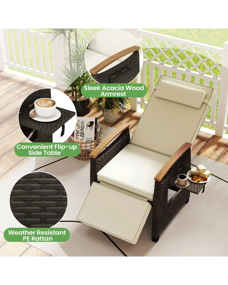 Patio Wicker Recliner Chair with Adjustable Backrest and Footrest-White - White - Outdoor Chaise Lounges
