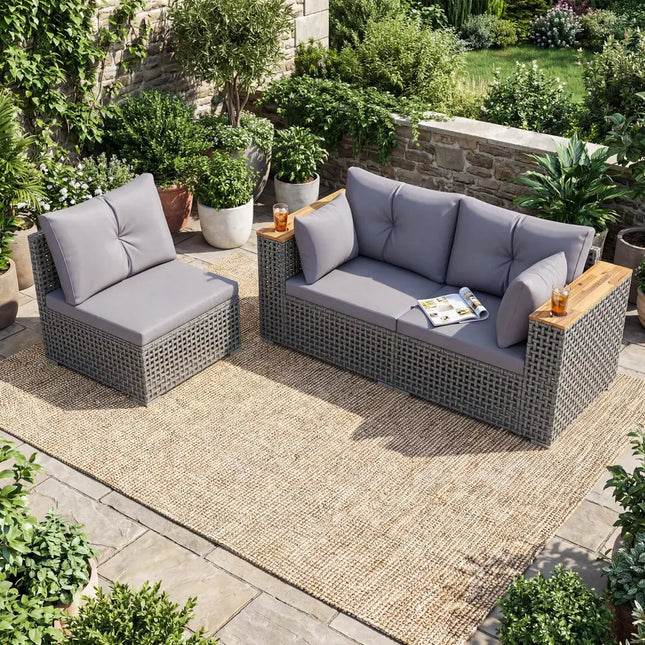 Patio Wicker Sectional Furniture Set with 1 Armless and 2 Corner Sofas for Garden-Gray - Gray - Outdoor Sectionals