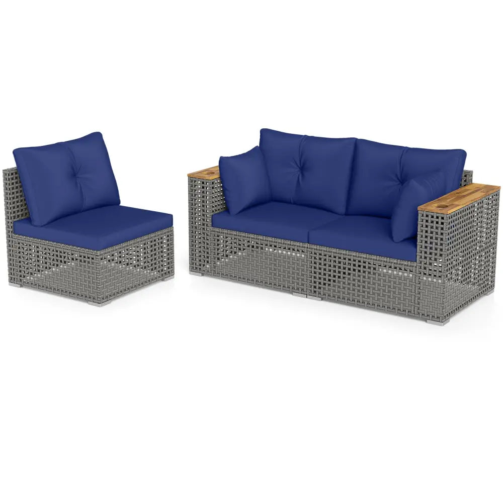 Patio Wicker Sectional Furniture Set with 1 Armless and 2 Corner Sofas for Garden-Navy - Navy - Outdoor Sectionals