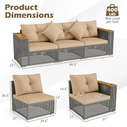 Patio Wicker Sectional Furniture Set with 1 Armless and 2 Corner Sofas for Garden-Beige - Beige - Outdoor Sectionals