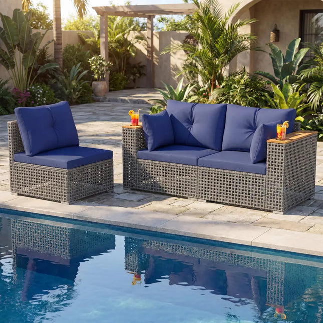 Patio Wicker Sectional Furniture Set with 1 Armless and 2 Corner Sofas for Garden-Navy - Navy - Outdoor Sectionals