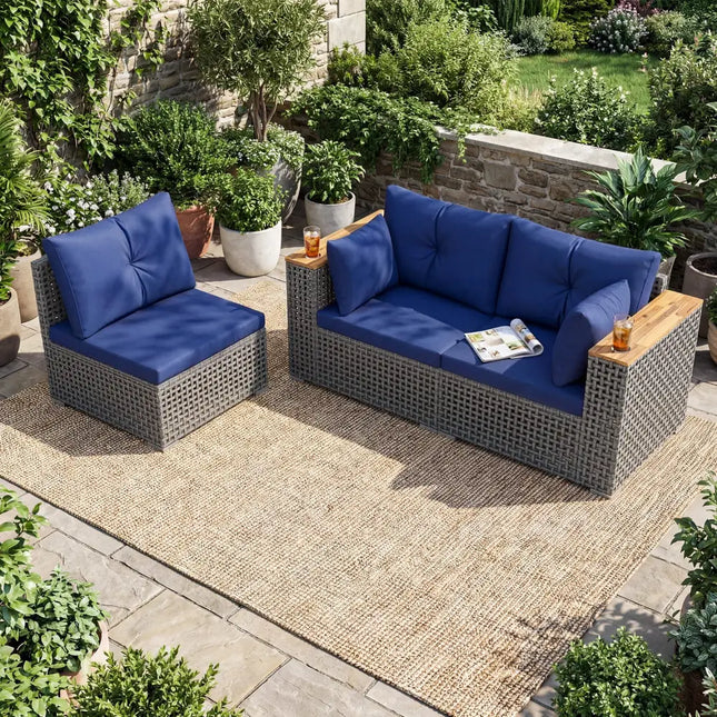 Patio Wicker Sectional Furniture Set with 1 Armless and 2 Corner Sofas for Garden-Navy - Navy - Outdoor Sectionals