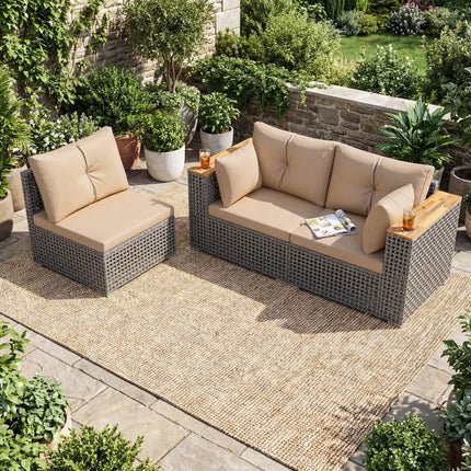 Patio Wicker Sectional Furniture Set with 1 Armless and 2 Corner Sofas for Garden-Beige - Beige - Outdoor Sectionals