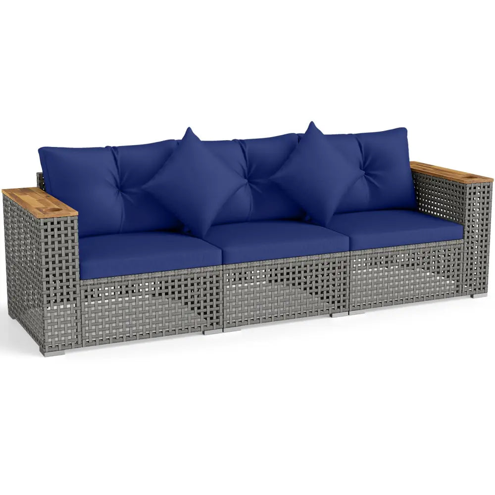 Patio Wicker Sectional Furniture Set with 1 Armless and 2 Corner Sofas for Garden-Navy - Navy - Outdoor Sectionals