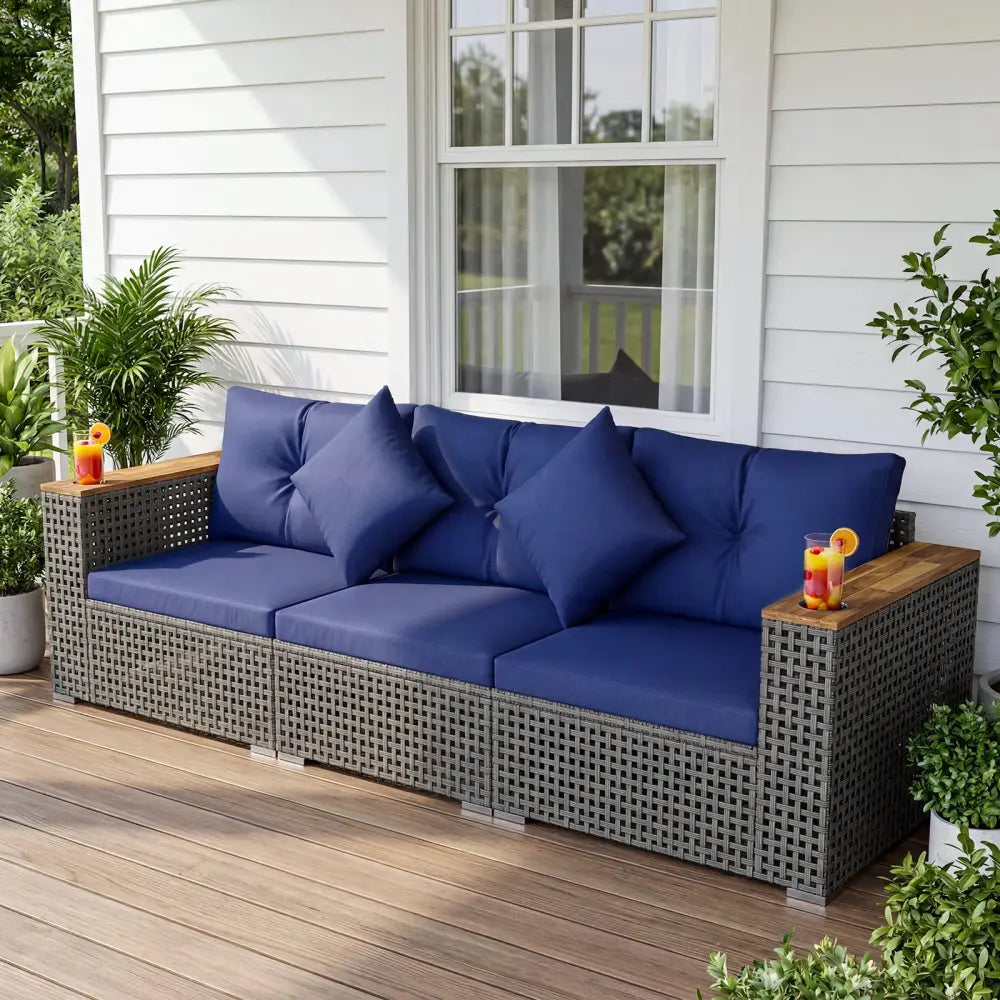 Patio Wicker Sectional Furniture Set with 1 Armless and 2 Corner Sofas for Garden-Navy - Navy - Outdoor Sectionals