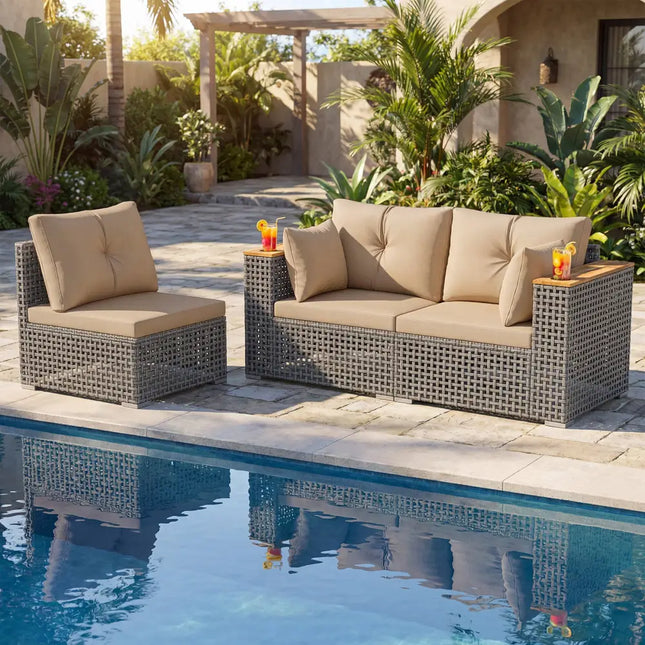 Patio Wicker Sectional Furniture Set with 1 Armless and 2 Corner Sofas for Garden-Beige - Beige - Outdoor Sectionals