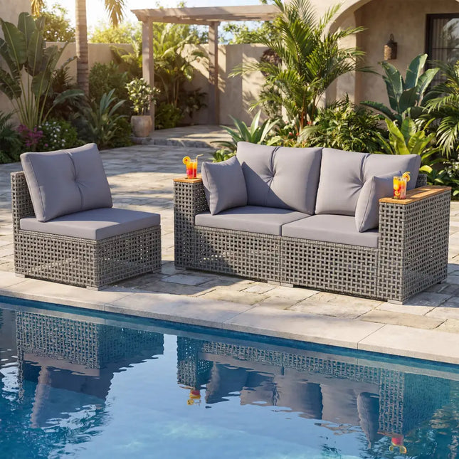 Patio Wicker Sectional Furniture Set with 1 Armless and 2 Corner Sofas for Garden-Gray - Gray - Outdoor Sectionals