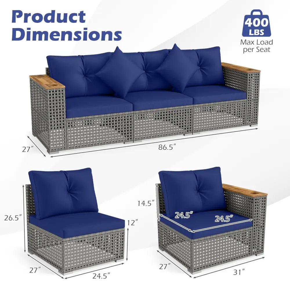 Patio Wicker Sectional Furniture Set with 1 Armless and 2 Corner Sofas for Garden-Navy - Navy - Outdoor Sectionals